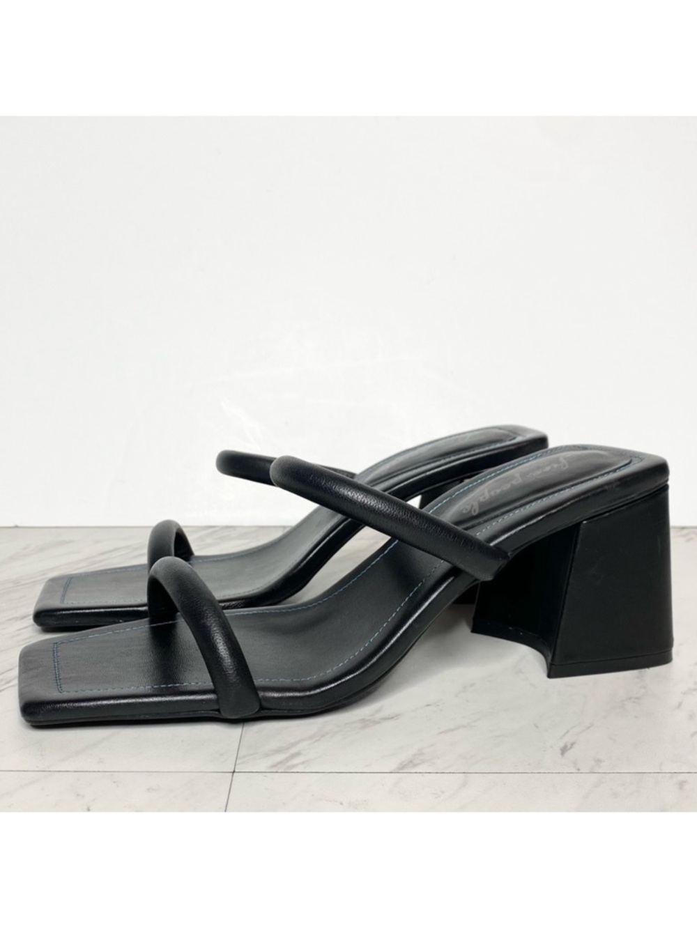 New! Free People Parker Double Strap Square Toe Black Leather Heeled Sandal 41